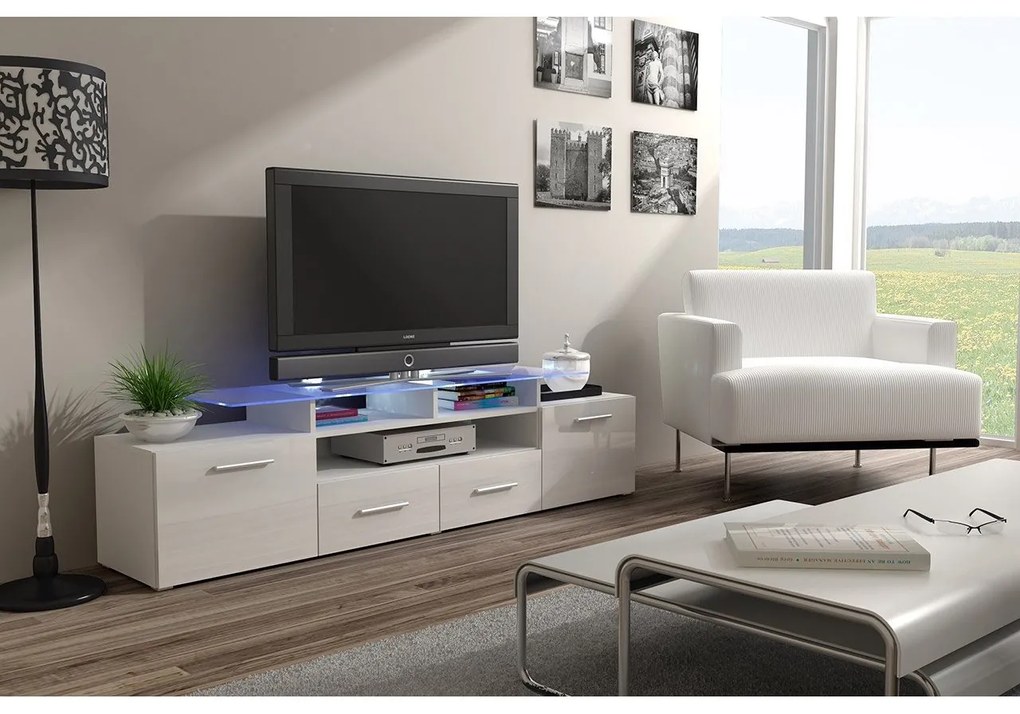 TV stolík + skrinka Blaise (biela + lesk biely) (osvetlenie LED biele). Akcia -6%. Vlastná spoľahlivá doprava až k Vám domov. 1058808