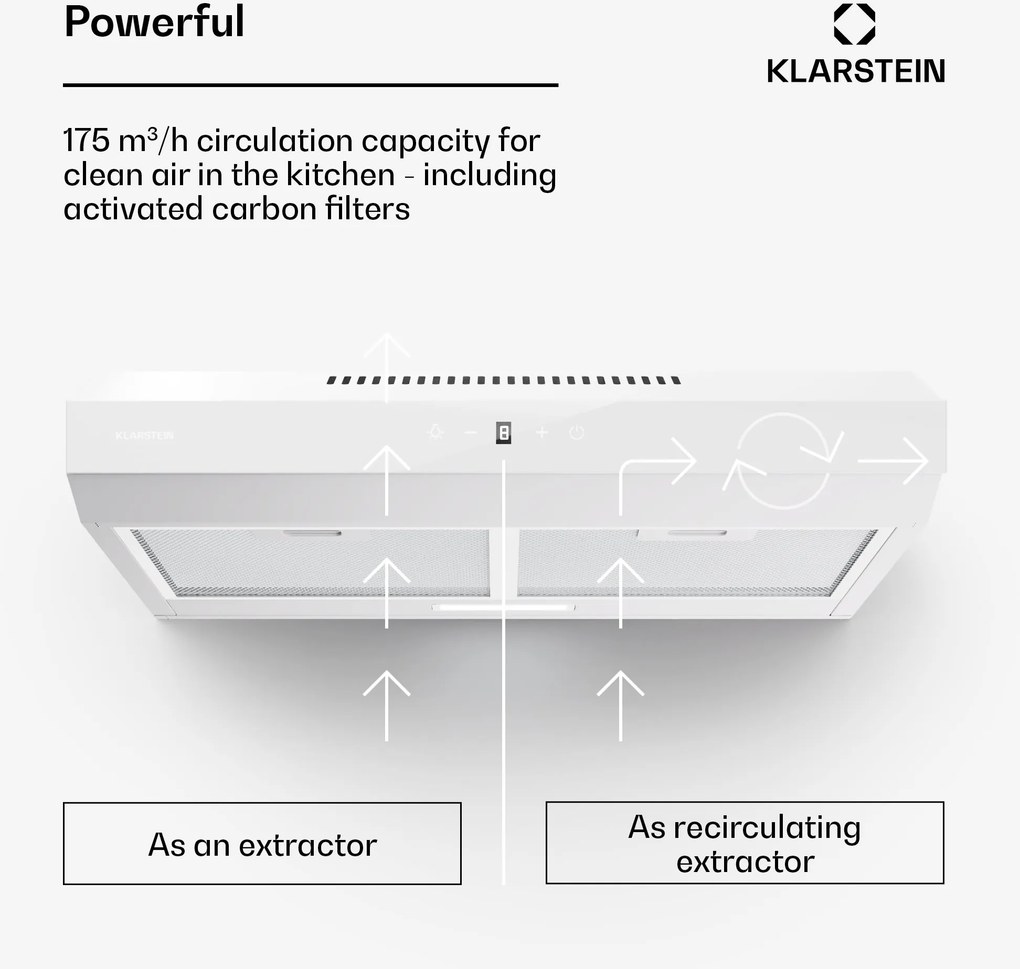 Klarstein Contempo Neo, digestor, podskrinkový, recirkulácia, 175 m³/h, SenseControl, integrované dotykové ovládanie, nehrdzavejúca oceľ / akrylové sklo