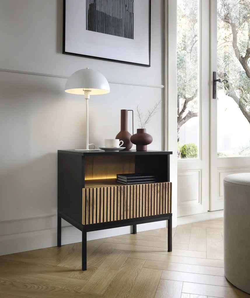 Nočný stolík Sento, čierna/dub wotan, s osvetlením