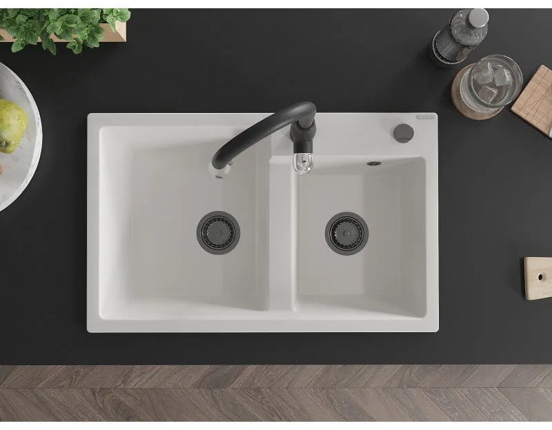 Mexen Tomas, granitový drez 800x500x190 mm, 2-komorový a drezová batéria Savita, biela, 6516-20-672601-70