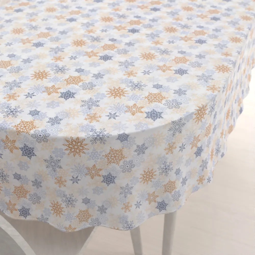 Biante Vianočný dekoračný oválny obrus PML-041 Modrosivé a béžové vločky 140x220 cm