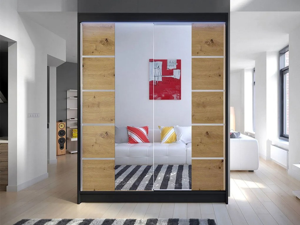 Posuvná skriňa Belgia V, Farby: biela / čierna + zrkadlo, Osvetlenie: osvetlenie LED RGB - farebné