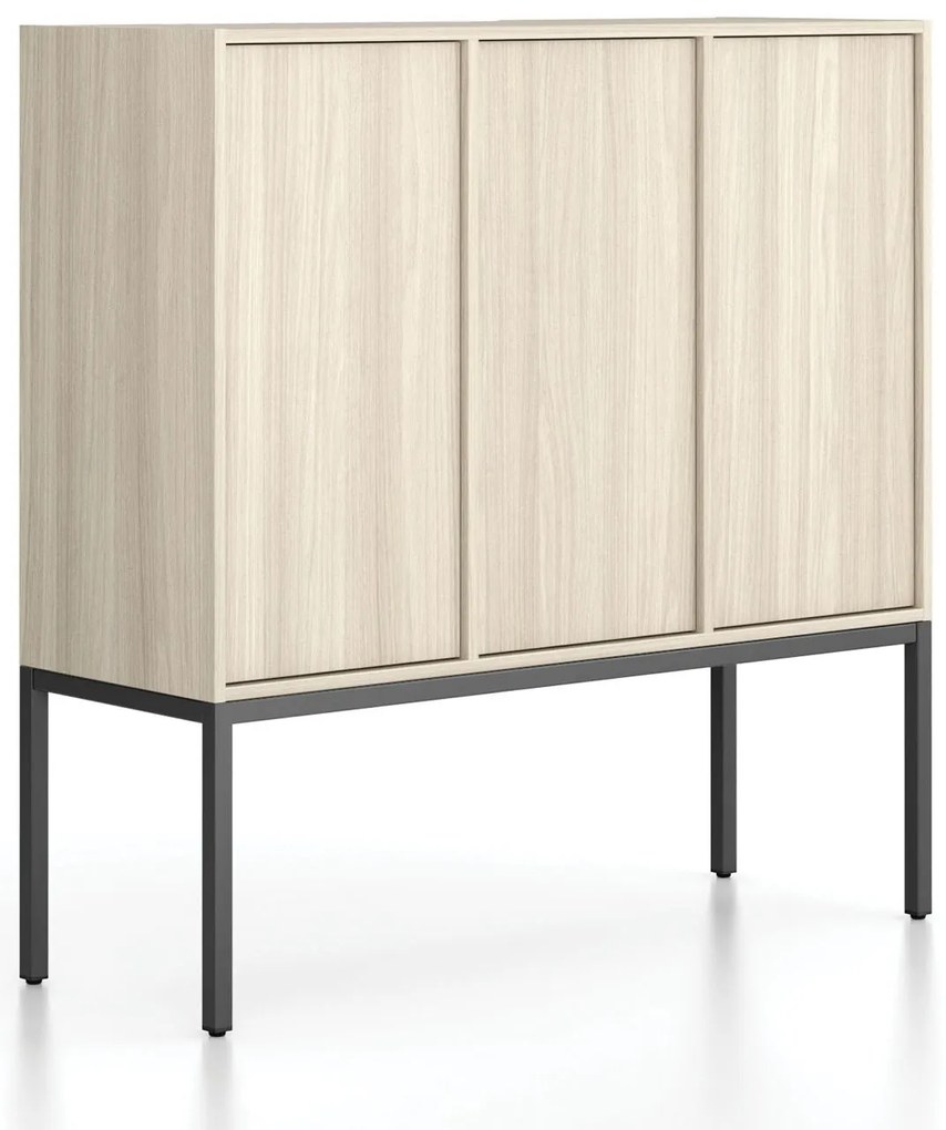 Kancelárska skriňa FRAME, nízka, čierna podnož, 3x dvere, 1299 x 450 x 1331 mm, PUSH-lock, dub prírodný