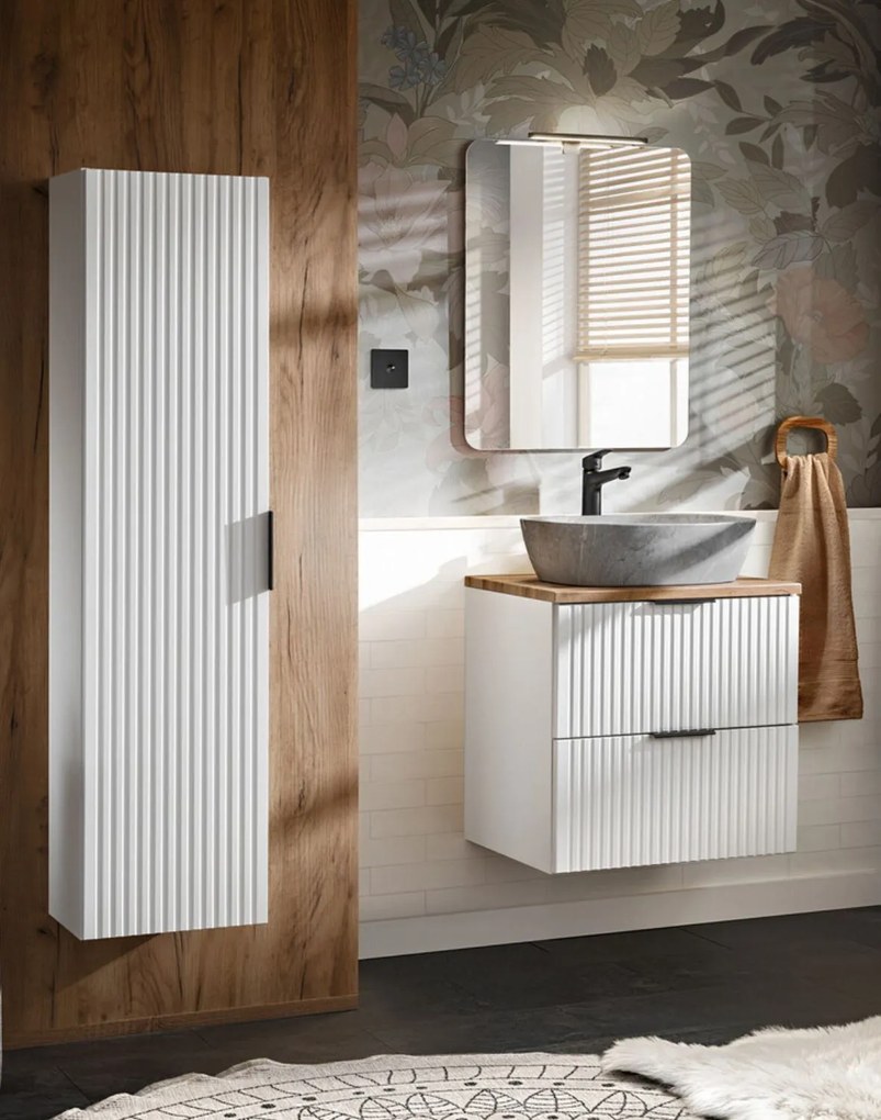 Vysoká kúpeľňová skrinka ADEL, biela, drážkovaná (ADEL WHITE 80-01-B-1D)