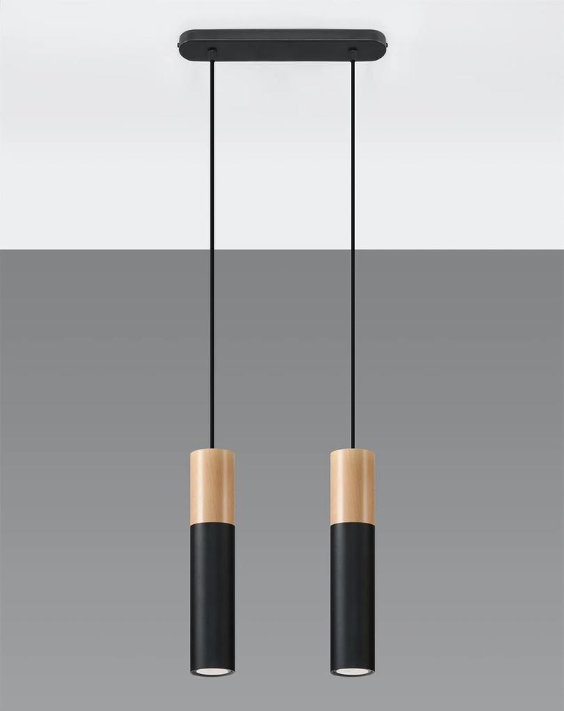 Závesné svietidlo Pablo, 2x drevené/čierne kovové tienidlo