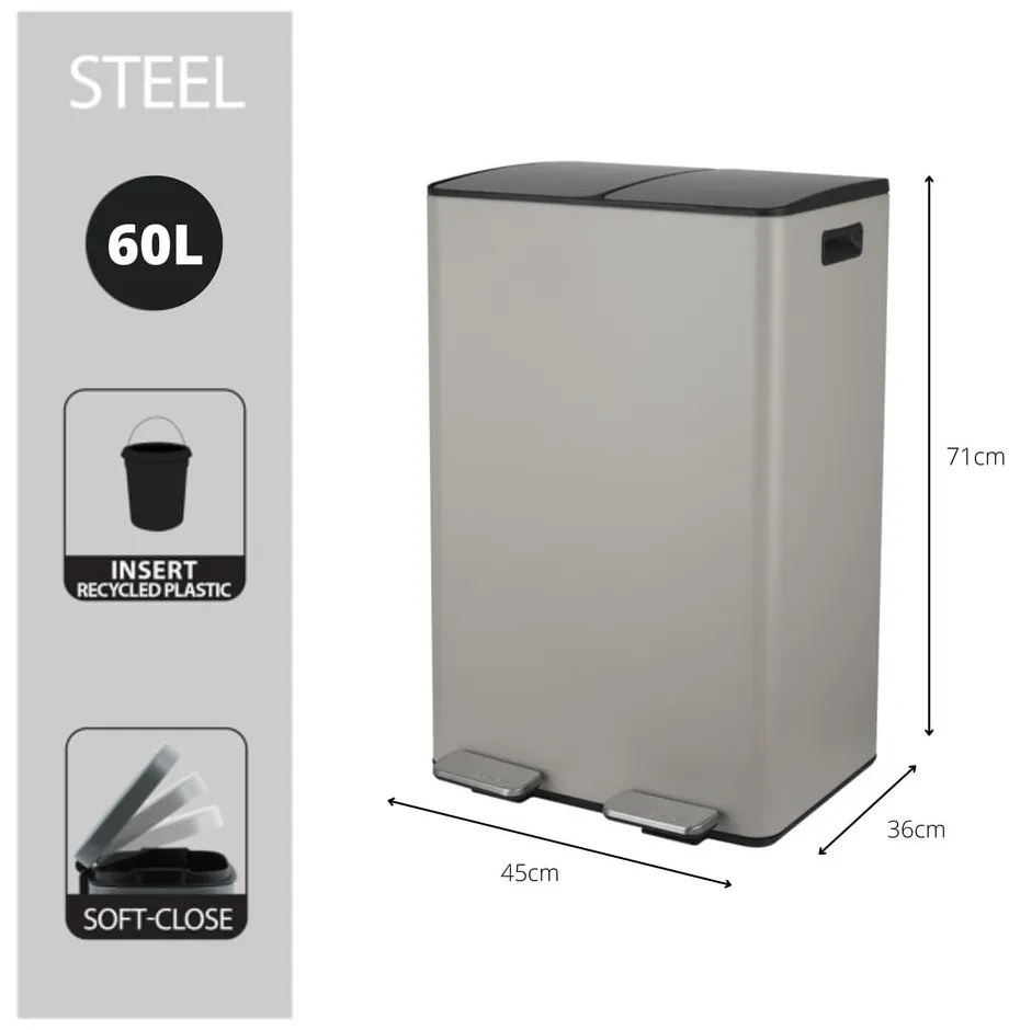 Taupe oceľový odpadkový kôš 2x30 l na triedený odpad/nášľapný Aliya – Spirella