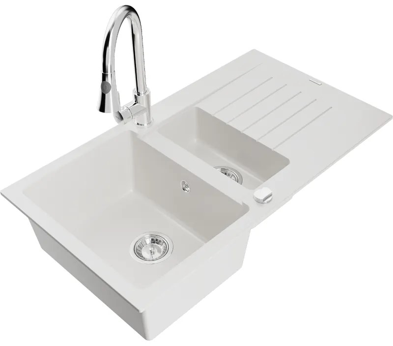 Mexen Matias, 1,5-komorový granitový drez 900x505x200 mm a drezová batéria Elia, biela, 6502-20-670101-00