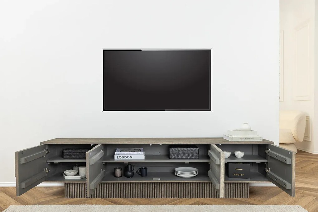 ART DECO tv komoda 200 cm 3D mangové drevo, dymová sivá