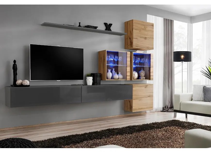 Obývacia stena Switch XIX Sklo +LED  Grafit/Wotan