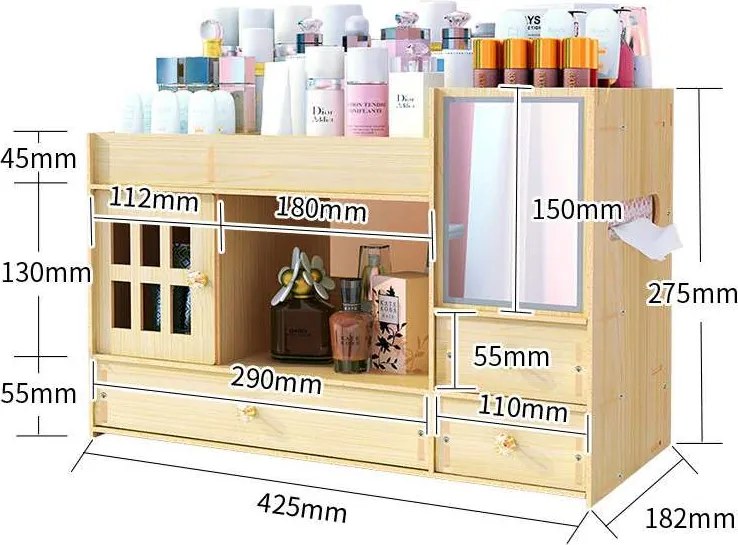 Drevený organizér na kozmetiku s dvierkami, zrkadlom a zásuvkami H01 svetlé drevo/javor