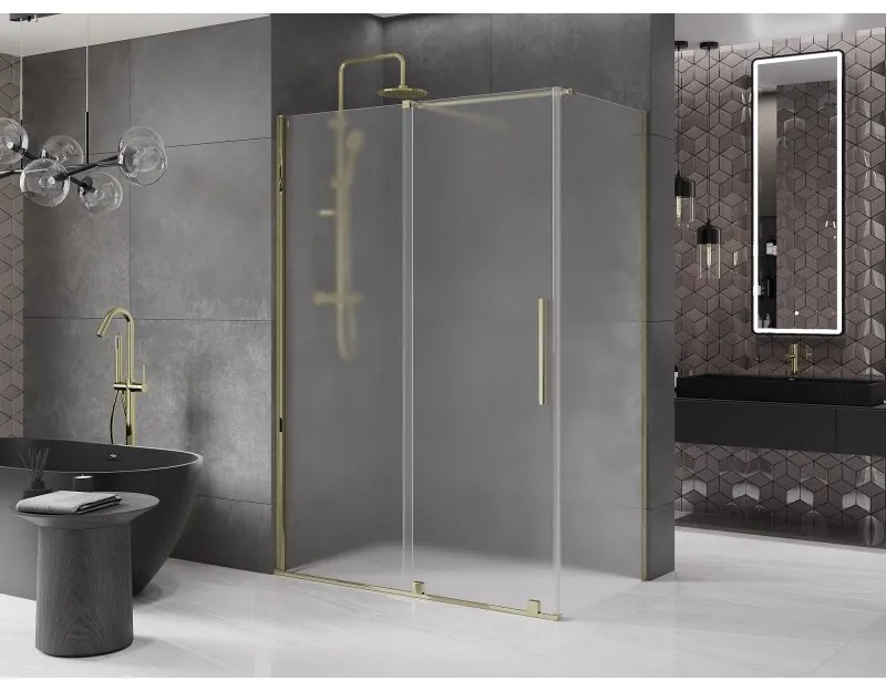 Mexen Velar, sprchový kút s posuvnými dverami 150 x 90 cm, 8mm sklo námraza, zlatá lesklá, 871-150-090-31-50