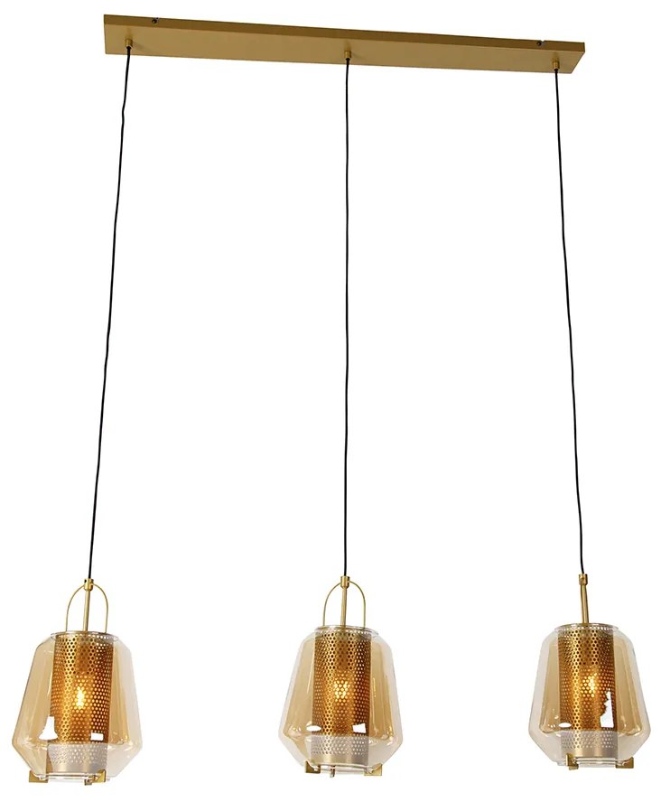 Závesné svietidlo zlaté s jantárovým sklom 23 cm obdĺžnikové 3-svetlo - Kevin