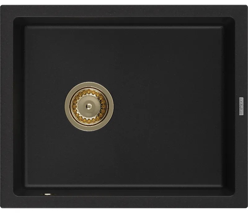 Mexen Pedro, granitový drez 560x460x200 mm, 1-komorový, čierna so zlatým sifónom, 6508561000-77-G