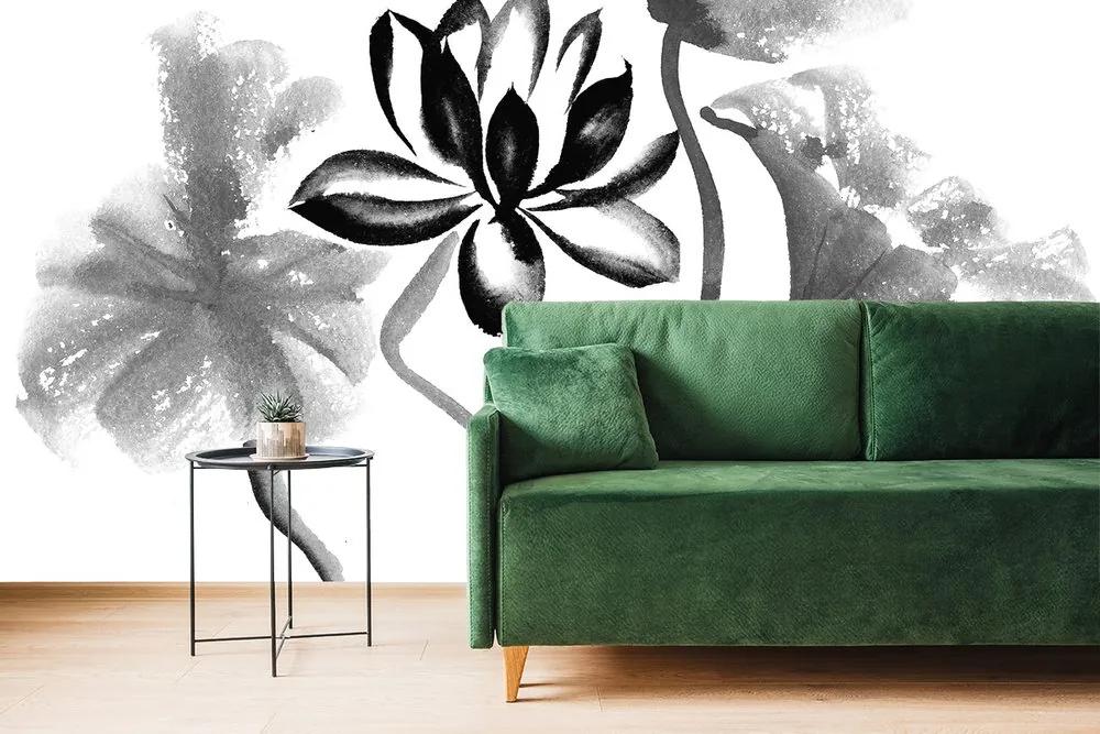 Tapeta akvarelový čiernobiely lotosový kvet