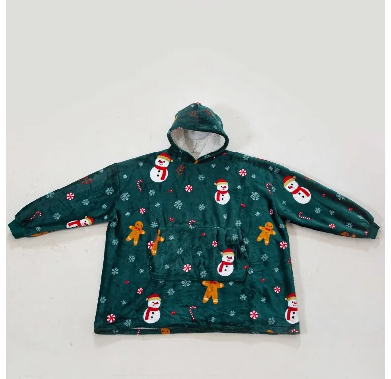 Baránková mikinová deka s rukávmi a kapucňou SNOWMAN AND GINGERBREAD, zelená