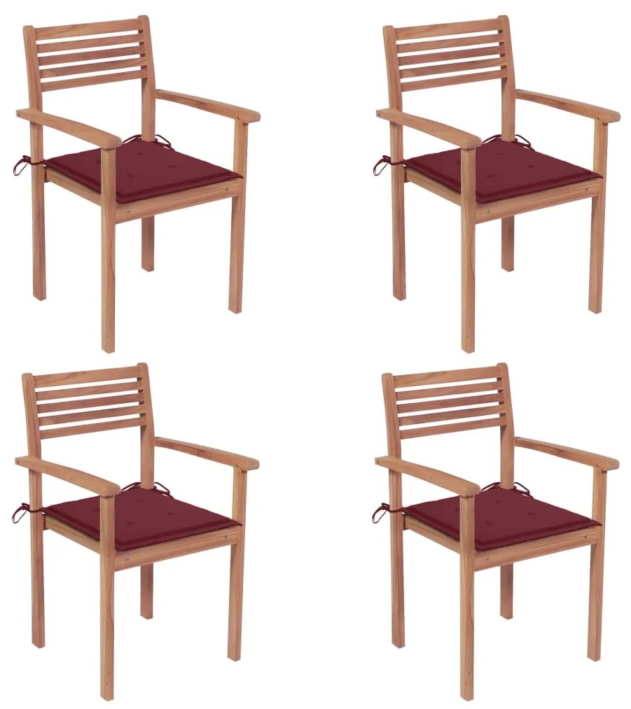 vidaXL Záhradné stoličky 4 ks vínovo-červené podložky teakový masív