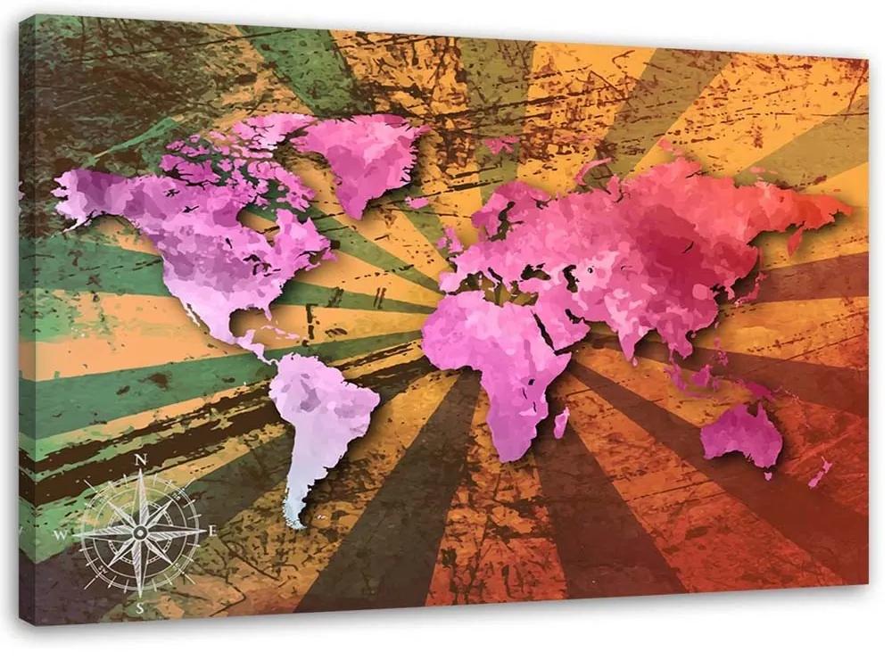 Obraz na plátně Mapa světa růžová Retro - 60x40 cm