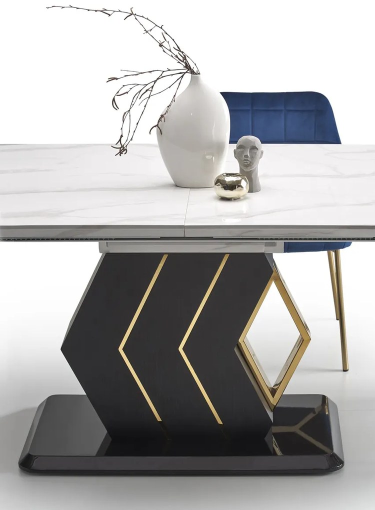 Rozkladací jedálenský stôl Vincenzo - biely mramor / čierna / zlatá