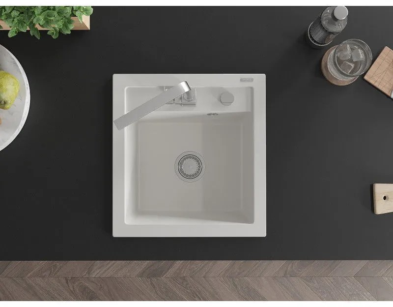Mexen Vito, 1-komorový granitový drez 520x490x210 mm, chrómová batéria Rita, biela, 6503-20-670300-00