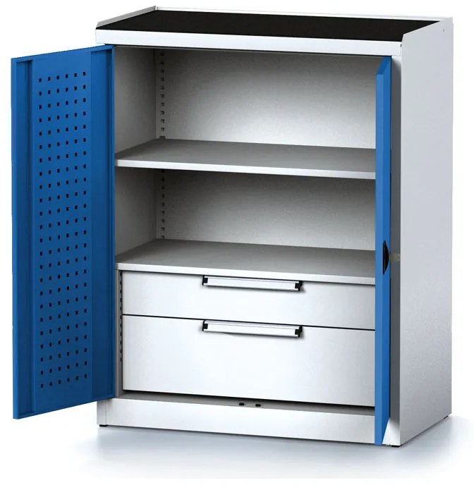 Policová dielenská skriňa 2-dverová MECHANIC, 1 polica, 2 zásuvky, 920 x 500 x 1170 mm, modré dvere