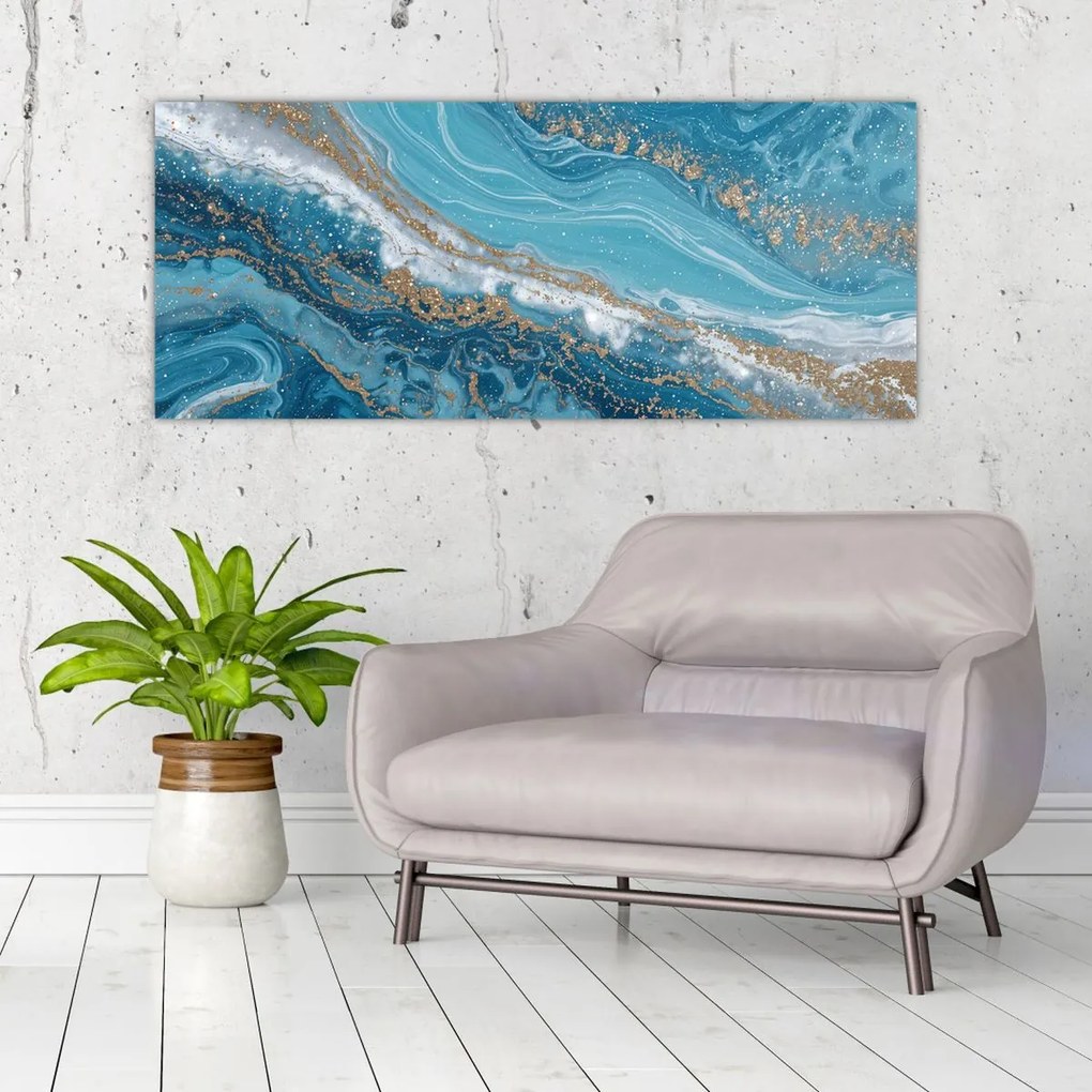 Obraz - Bledomodrý mramor so zlatom I. (120x50 cm)