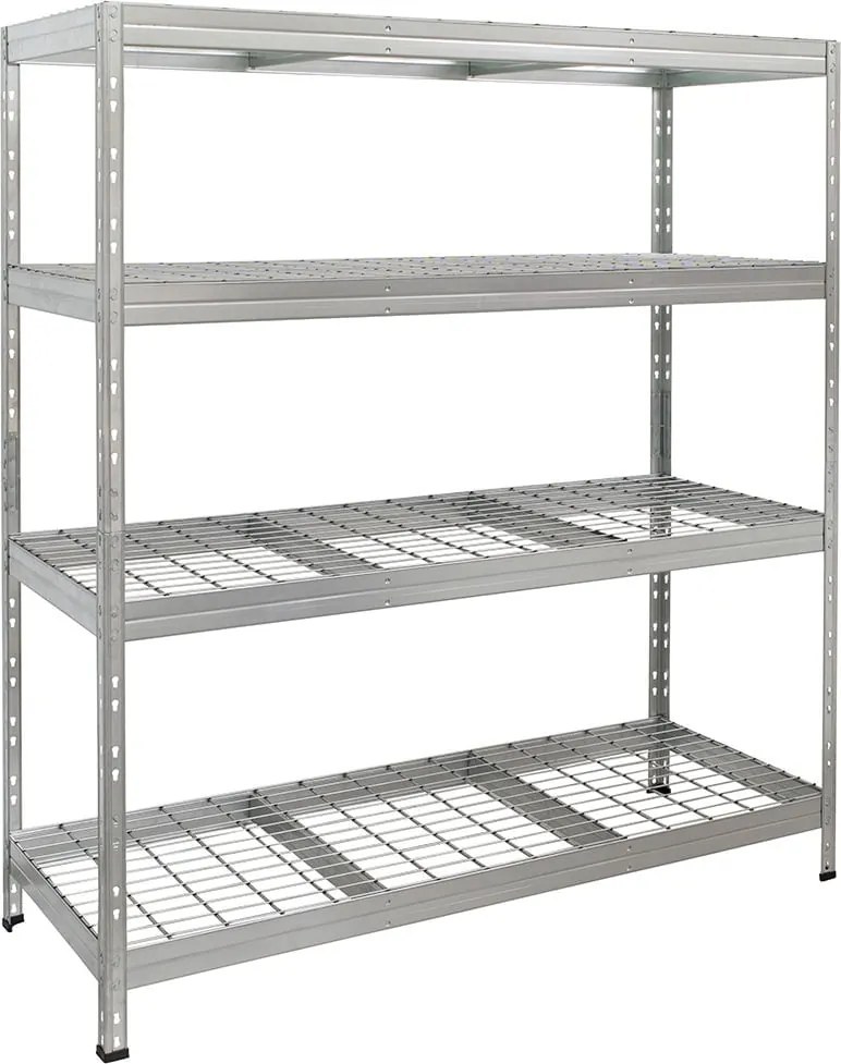 Bezskrutkový kovový regál RIVET, 180x150x60 cm, 4x sieťová drôtená polica, zinok