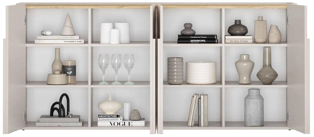 Komoda Amilio 200 cm štvordverová - kašmír / olejovaný dub / úchytky kašmír