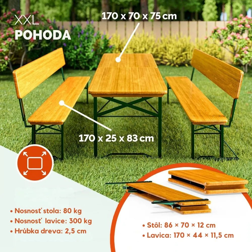 Pivný set PRAKTIK s operadlami, 170cm, hnedá Jurhan