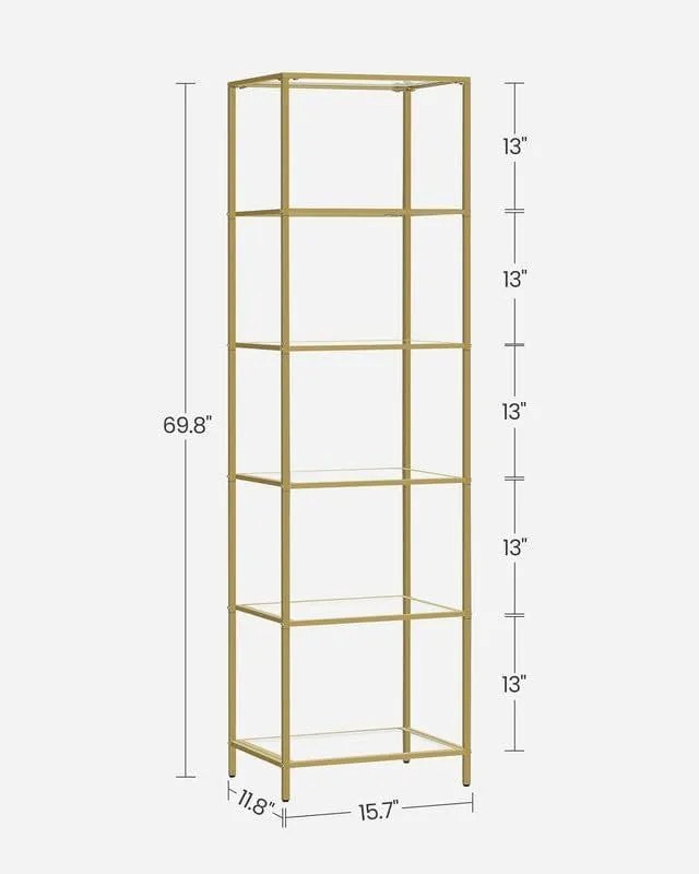 Sklenený regál, polica 6-úrovňová, oceľový rám, 30 x 40 x 177,3 cm, zlatá farba