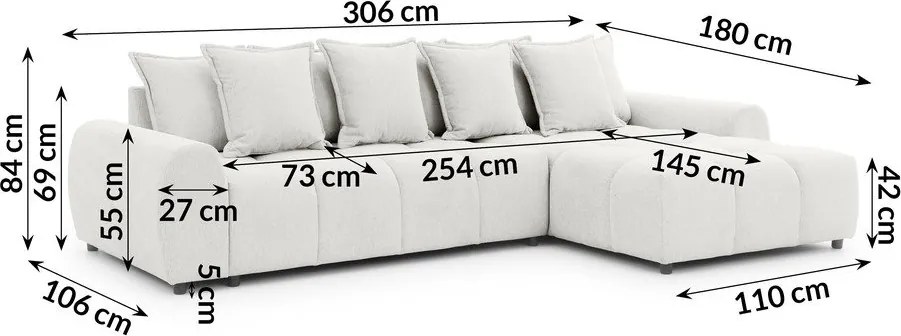 Biela rohová pohovka (pravý roh/s leňoškou) Albane – Ropez