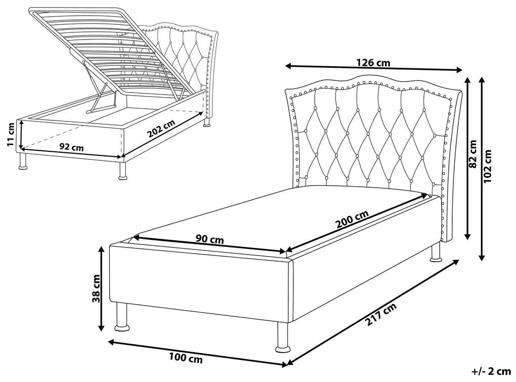 Zamatová posteľ s úložným priestorom 90 x 200 cm sivá METZ Beliani