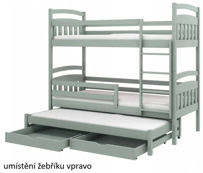 Detská poschodová posteľ z masívu borovice JAKUB III s prístelkou a šuplíky - 200x90 cm - biela