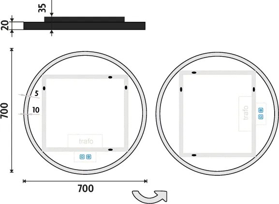 Nimco Čierne okrúhle LED zrkadlo priemer 700 mm s dvoma dotykovými senzormi - ZPC 28001RVX-90