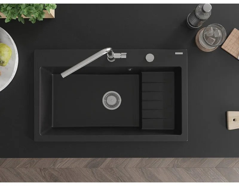 Mexen Omar, 1-komorový granitový drez 800x480x210 mm, čierny, chrómový sifón, 6520801005-77