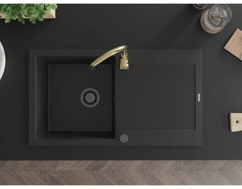 Mexen Leo, drez granitový 900x500x190 mm, 1-komorový a zlatá batéria Telma, čierna, 6501-77-670200-50-B