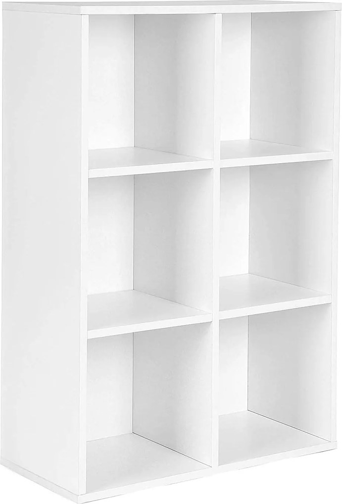 Úložná polica so 6 priehradkami, 3-úrovňová polica na knihy, 65,5 x 30 x 97,5 cm, biela
