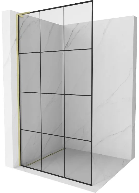 Mexen Kioto L, sprchová zástena Walk-In 120 x 200 cm, 8mm číre sklo čierny vzor, zlatý matný profil, 800-120-103-55-77