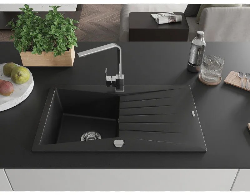 Mexen Cesar, granitový drez 775x470x190 mm, 1-komorový, čierna s chrómovým sifónom a chrómová drezová batéria Rita, 6514-77-670300-00