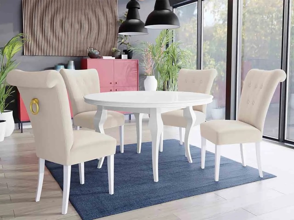 Stôl Julia FI 120 so 4 stoličkami ST65, Farby: biela, Farby: chrom, Farby:: biely lesk, Potah: Magic Velvet 2225