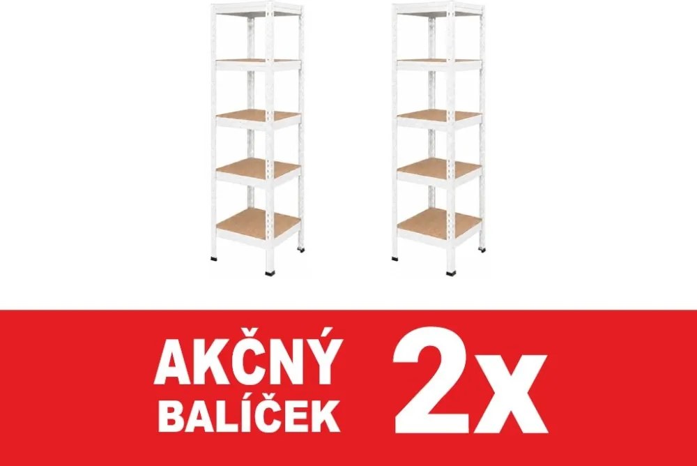 Akcia 2x Regál 183x40x40 cm lakovaný 5-policový, nosnosť 1000 kg, RIVET - biely - 2ks