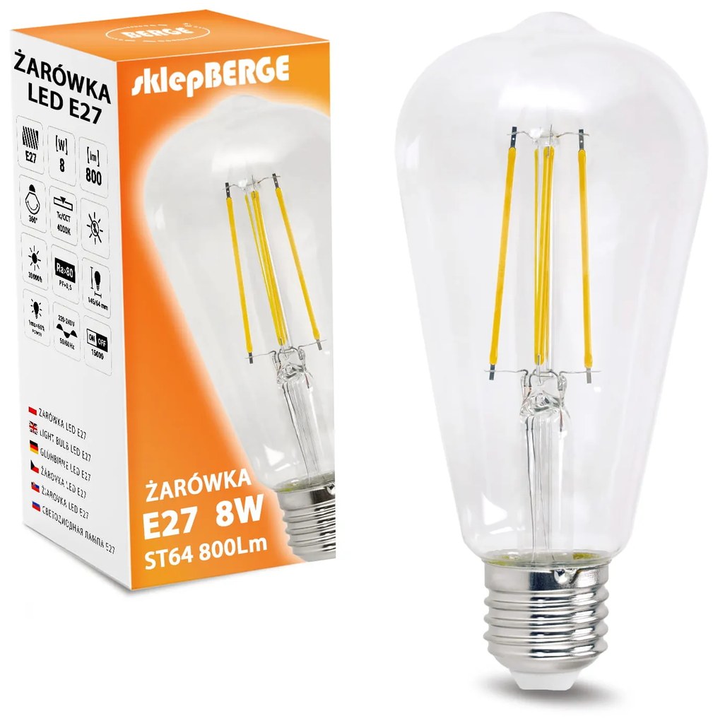 BERGE LED žiarovka E27 ST64 8W neutrálna biela