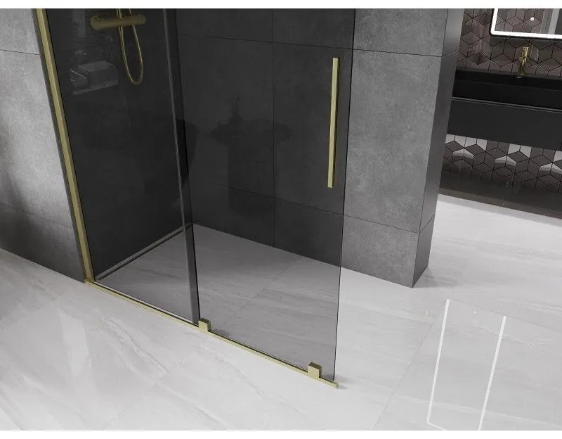 Mexen Velar, sprchová zástena s posuvnými dverami Walk-in 140 x 200 cm, 8mm šedé sklo, zlatá matná, 871-140-000-43-55
