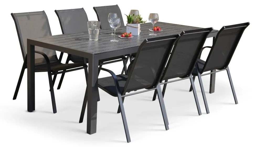 TEXIM Záhradná jedálenská zostava - stôl VIKING XL + 6x stolička RAMADA, hliník + umelé drevo / oceľ + textil