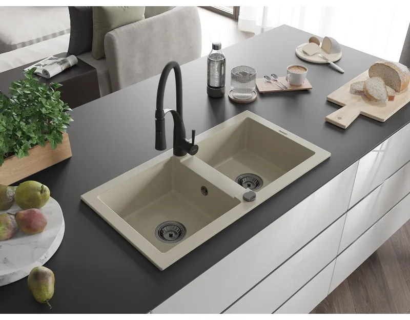 Mexen Mario, granitový drez 820x436x161 mm, 2-komorový a drezová batéria Aster, béžová, 6504-69-73450-70-B