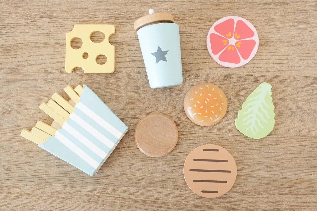 Drevená sada potravín Rýchle občerstvenie - Hamburger a hranolky