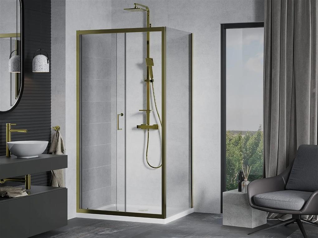Mexen Apia sprchovací kút s posuvnými dverami 120 (dvere) x 100 (stena) cm, 5mm číre sklo, zlatý profil + biela sprchová vanička SLIM, 840-120-100-50-00-4010G