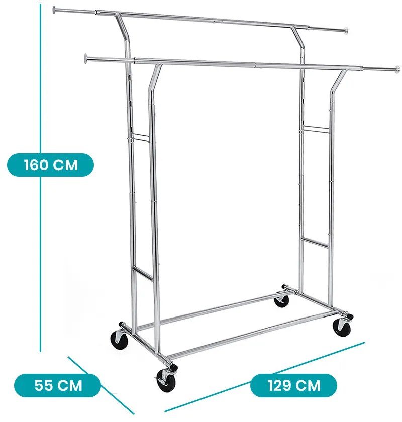 Nastaviteľný stojan na oblečenie s nastaviteľnou výškou a šírkou, strieborný