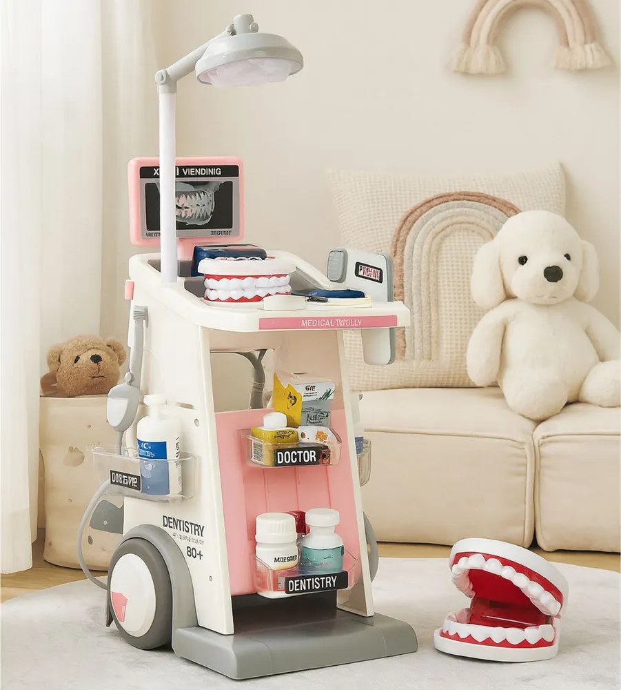 LEAN Toys Lekár Zubár Sada Lekársky svetelný vozík Ružová 26 el.
