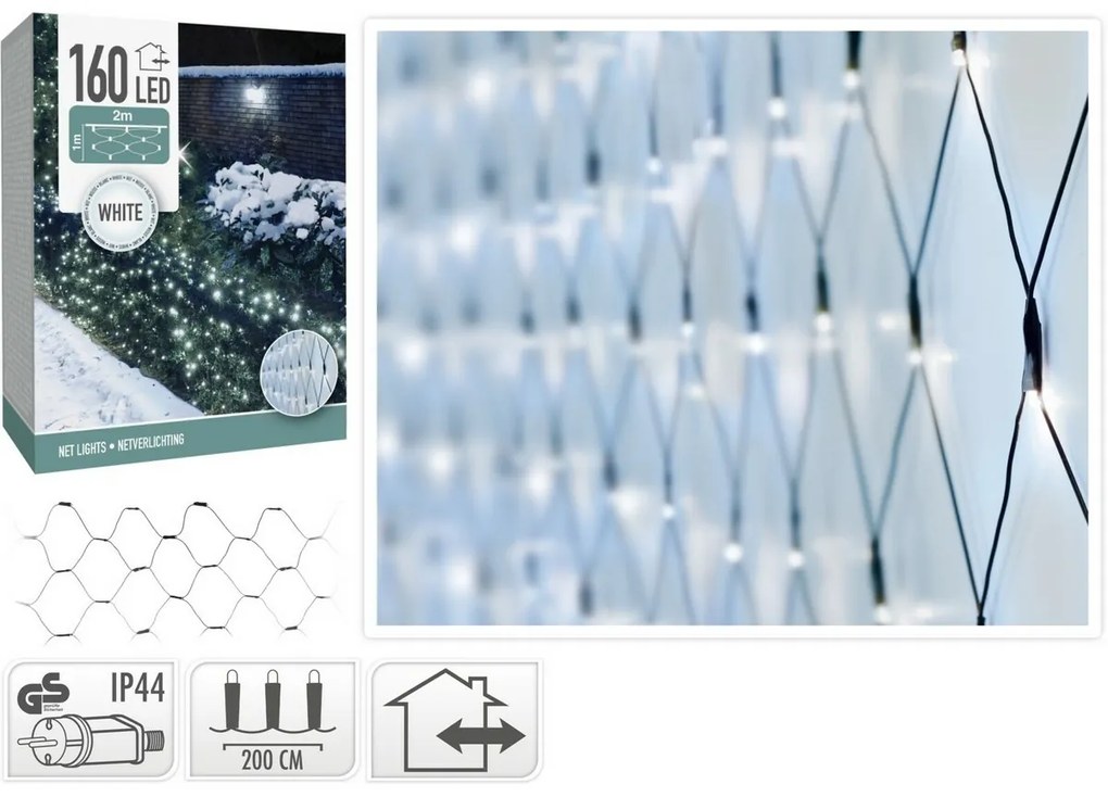 Vonkajšia svetelná sieť, 200x100 cm, 160 LED, studená biela, IP44, 2 m