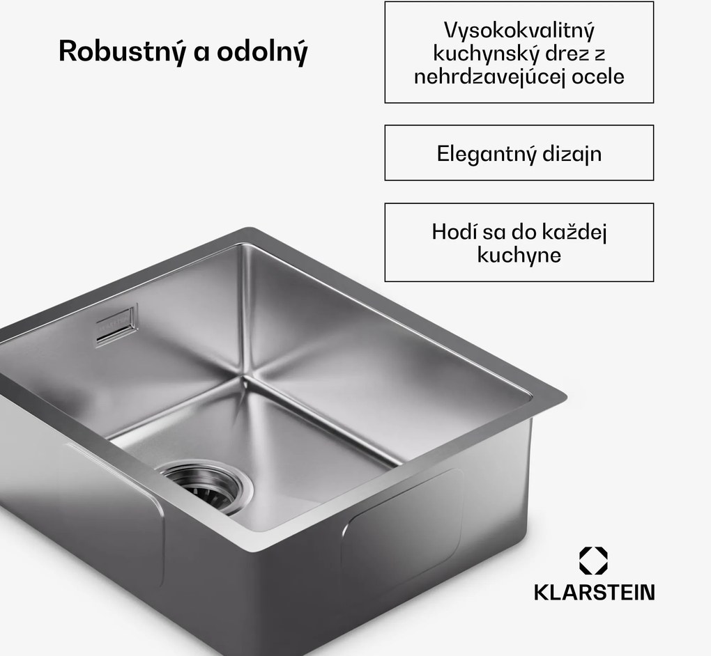 Klarstein TitanSteel Kuchynský drez 45 x 39 cm (DxŠ) s povrchom odolný voči hrdzi, poškriabaniu a teplu